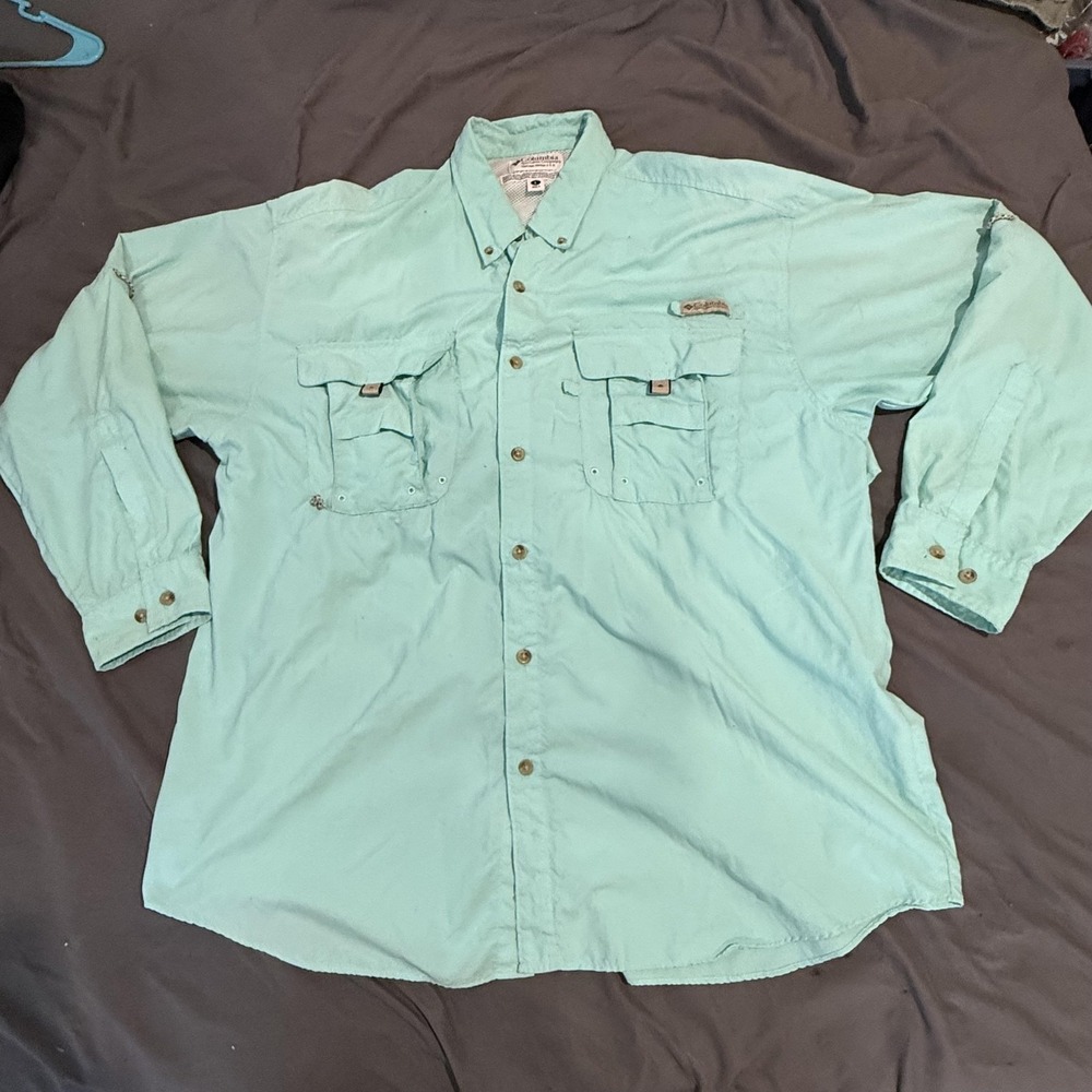 Columbia‎ PFG Green Long Sleeve Fishing Shirt Mens L Nylon Vented Pockets Top